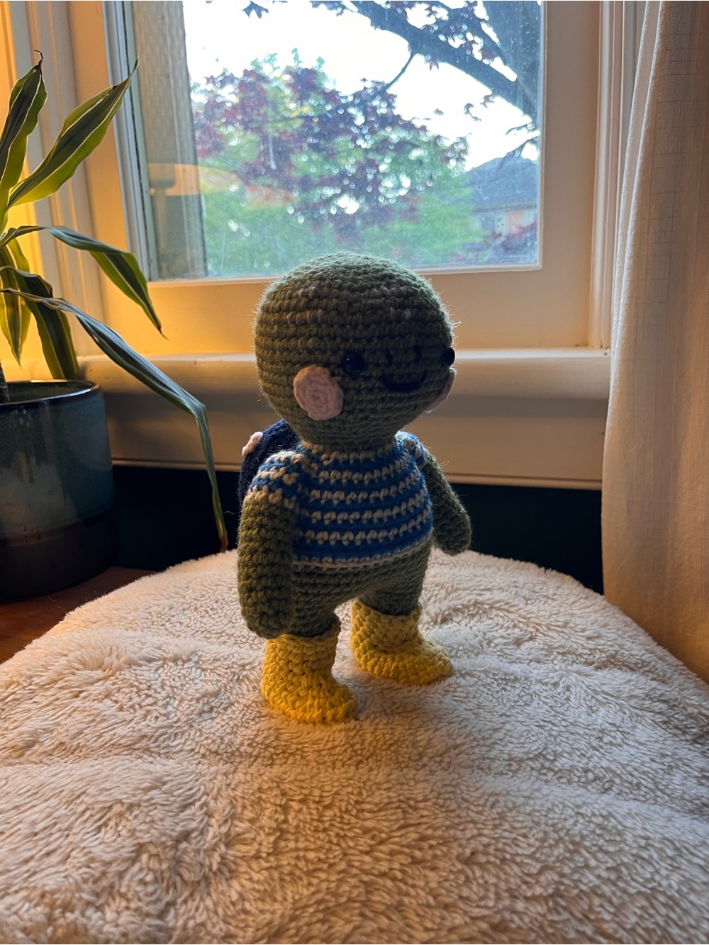 Handmade Crochet Turtle with Blue Striped Shirt and Yellow Boots